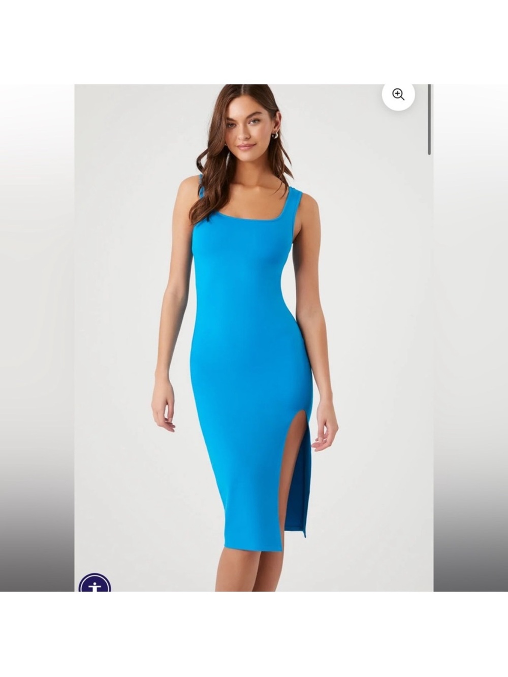 Sleeveless Square Neck Blue Midi Dress with Side Slit